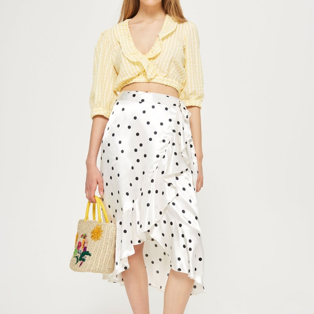 Topshop Satin Spot Print Ruffle Midi Skirt NWT, 8